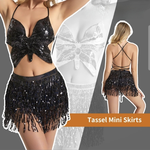 Black Flapper Sequin Fringe Mini Skirt